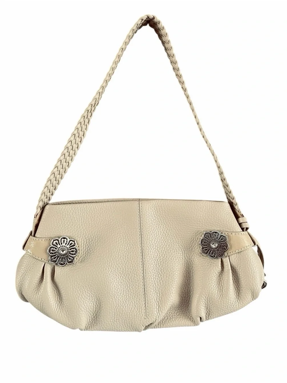 EUC Brighton Cream White Pebbled Leather Shoulder Bag Braided
